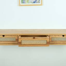 Floating Console Table With Three Rattan Drawers in Solid Oak - Modern Entryway Decor - thumbnail 4