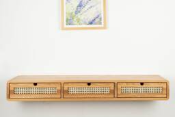 Floating Console Table With Three Rattan Drawers in Solid Oak - Modern Entryway Decor