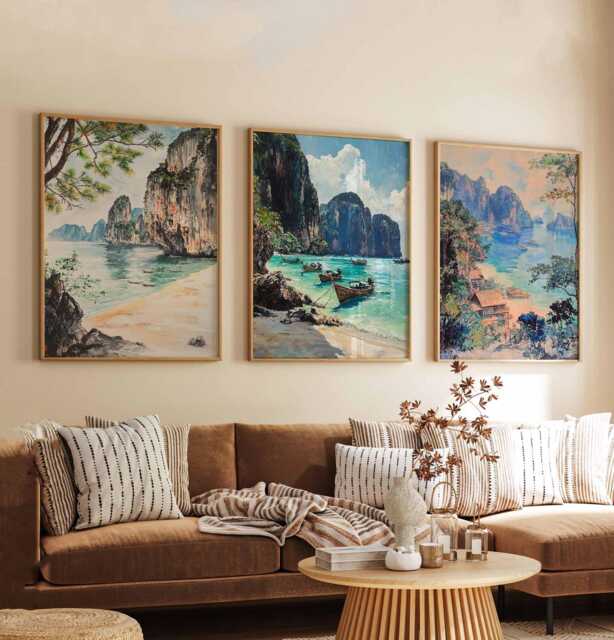 Set Of 3 Koh Phi Posters, Thailand Travel Prints, Wall Art Beach Decor, Tropical Island Prints - image 1