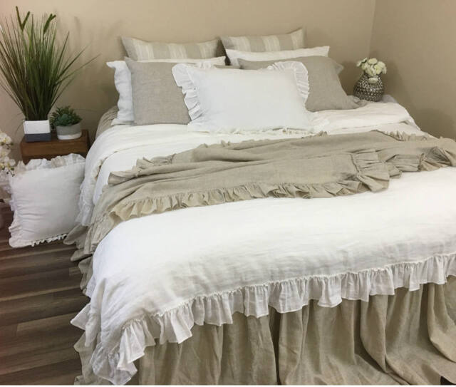 White Linen Duvet Cover With Country Ruffle Hem, Cottage Glamour - image 1