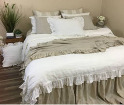 White Linen Duvet Cover With Country Ruffle Hem, Cottage Glamour