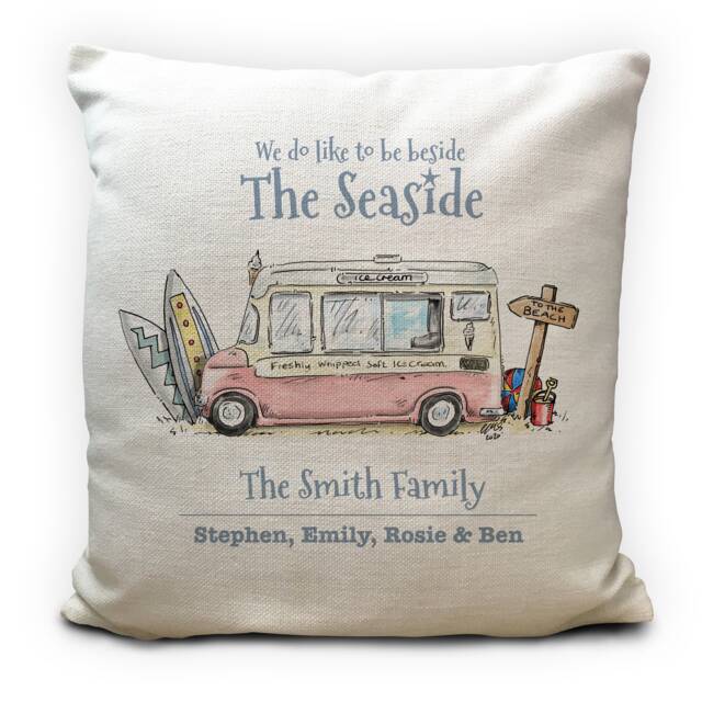 Personalised Ice Cream Van Seaside Family Summer Holiday Cushion Cover - Caravan, Camper, Home Or Beach Hut Decor 40cm 16 Inches - image 1