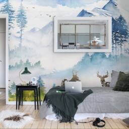 3D Mountain Forest Wallpaper, Elk Wall Mural, Peel & Stick - thumbnail 2