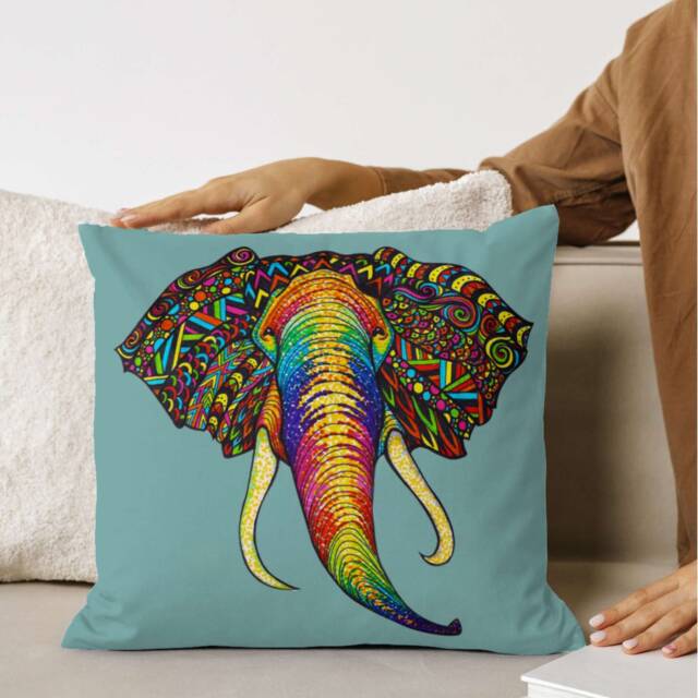 Elephant Double-Sided Cotton Pillow - Animal Home Decor Tribal Art Drawing Teal White Rainbow - image 1