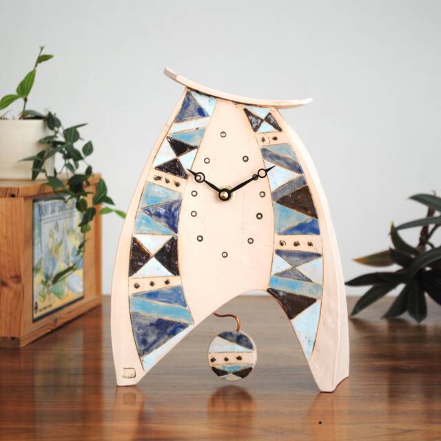 Large Mantel Analogue Clock With Pendulum Decorated A Triangle Pattern in Shades Of Blue. A Ceramic Handmade Gift, Unusual & Unique - image 1