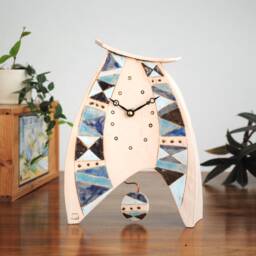 Large Mantel Analogue Clock With Pendulum Decorated A Triangle Pattern in Shades Of Blue. A Ceramic Handmade Gift, Unusual & Unique
