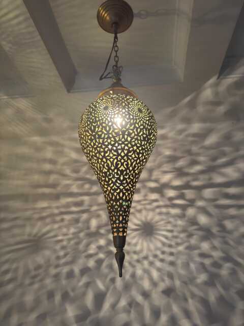 Handmade Moroccan Brass Pendant Light - Teardrop Filigree Chandelier - image 1