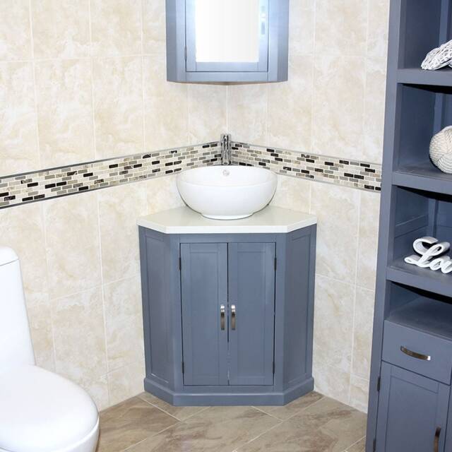 Grey Painted Bathroom Vanity Unit Corner Wash Stand White Quartz & Ceramic Basin 501Bgwqcbc - image 1
