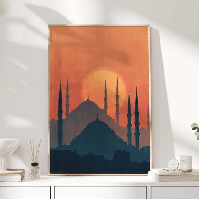 Istanbul Sunset Art Print - Turkish Mosque Silhouette Wall Warm Terracotta Travel Poster Oriental Architecture Decor - image 1