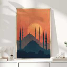 Istanbul Sunset Art Print - Turkish Mosque Silhouette Wall Warm Terracotta Travel Poster Oriental Architecture Decor - thumbnail 1