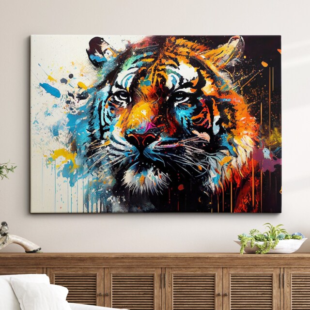 Tiger Head Animal Abstract Modern Jungle Wild Oil Painting Splatter Style Wall Art Framed Canvas Poster Print, Home/Office Room Decor Gifts - image 1