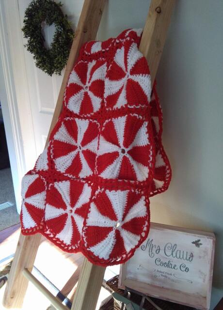 Red Peppermint Christmas Blanket, Crochet Decor, Farm House - image 1