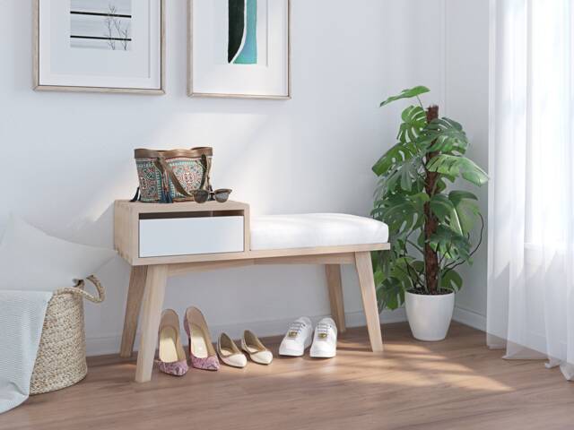 Mid Century Modern Solid Wood Bench With Storage Drawer, Gossip - image 1