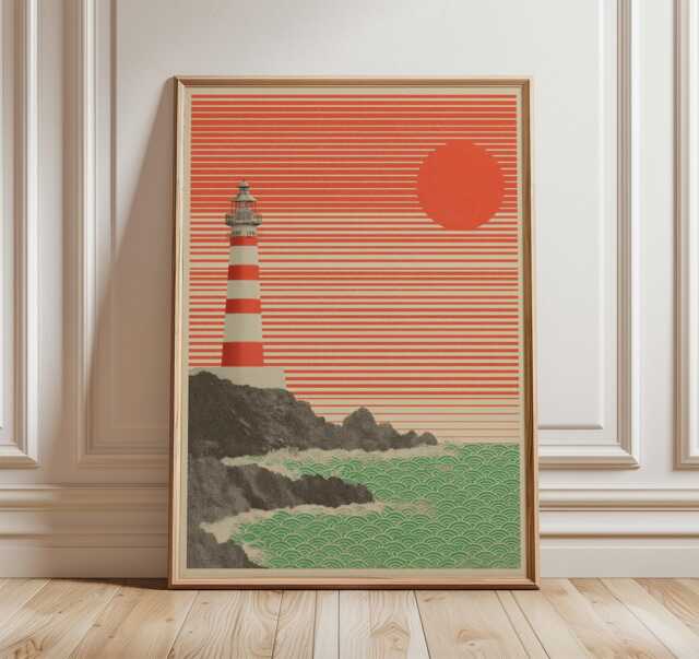 Lighthouse Art Print, Coastal Sunrise Poster, Japanese Seascape Illustration, Red Sun Ocean Waves - image 1