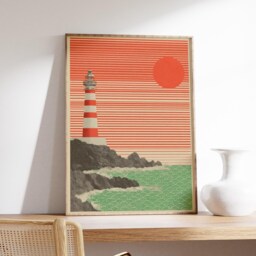 Lighthouse Art Print, Coastal Sunrise Poster, Japanese Seascape Illustration, Red Sun Ocean Waves - thumbnail 2