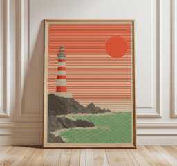 Lighthouse Art Print, Coastal Sunrise Poster, Japanese Seascape Illustration, Red Sun Ocean Waves - thumbnail 1