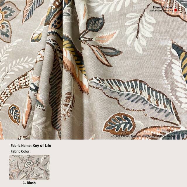 Key Of Life Color Blush Jacobean Floral Flower Pink Gray Grey Cotton Curtain, Valance Pleated, Lined Drapery Panel Offered As Upgrades - image 1