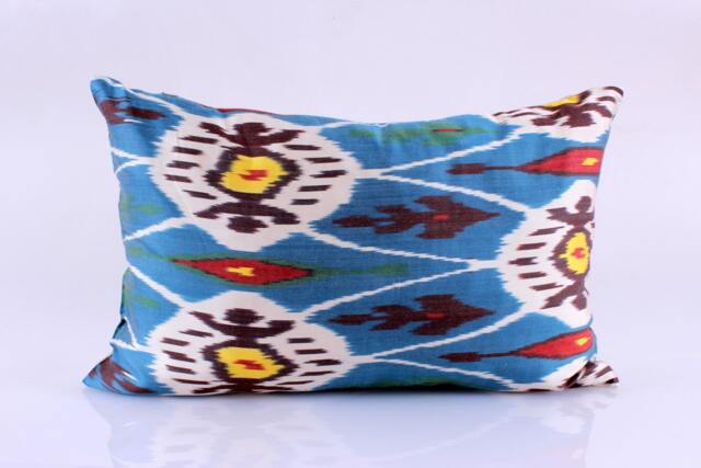 Ikat Silk Velvet Pillow 16x24 - Handmade Boho Cushion Cover Turkish Home Decor Accent - image 1