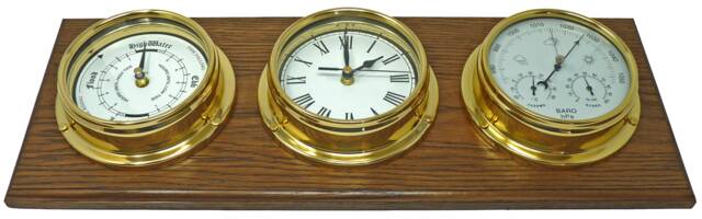 Tabic Brass Tide Clock, Roman Clock & Barometer With Built in Hygrometer Thermometer, All Mounted On A Solid Triple English Oak Mount - image 1