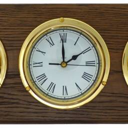 Tabic Brass Tide Clock, Roman Clock & Barometer With Built in Hygrometer Thermometer, All Mounted On A Solid Triple English Oak Mount - thumbnail 2