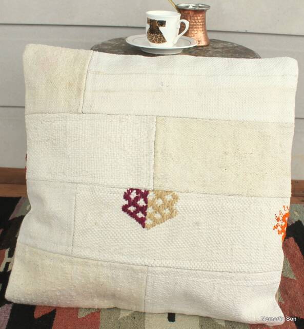 40cm Vintage Kilim Cushion Cover Handwoven - Patchwork Offwhite/Natural Undyed - image 1