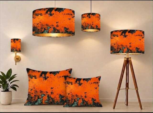 Handmade By Order Luxury Antique Metal Rusting Orange Teal Grey Combination Velvet Drum Lamp Shade Pendant Light All Shapes Sizes - image 1
