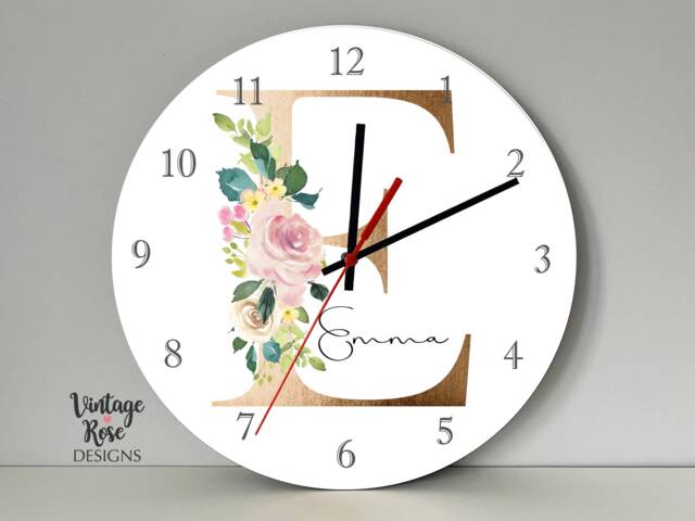 Personalised Girls Wall Clock, Kids Floral Nursery Decor, Gift For Girls, Teen Bedroom, Pink & Gold - image 1