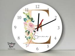 Personalised Girls Wall Clock, Kids Floral Nursery Decor, Gift For Girls, Teen Bedroom, Pink & Gold - thumbnail 1