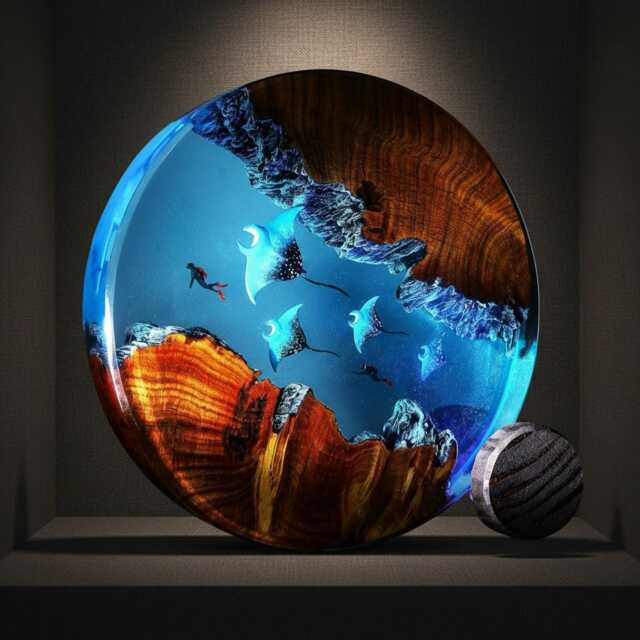 Deep Sea Manta Ray Resin Lamp, Ocean Diorama Night Light - image 1