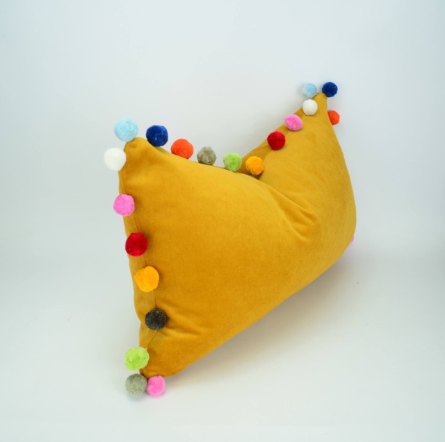 Mustard Yellow Velvet Pom Cushion Cover - European Cotton Pillow With Decorative Trim - image 1