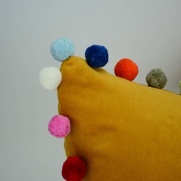 Mustard Yellow Velvet Pom Cushion Cover - European Cotton Pillow With Decorative Trim - thumbnail 4