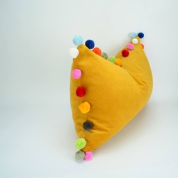 Mustard Yellow Velvet Pom Cushion Cover - European Cotton Pillow With Decorative Trim - thumbnail 2