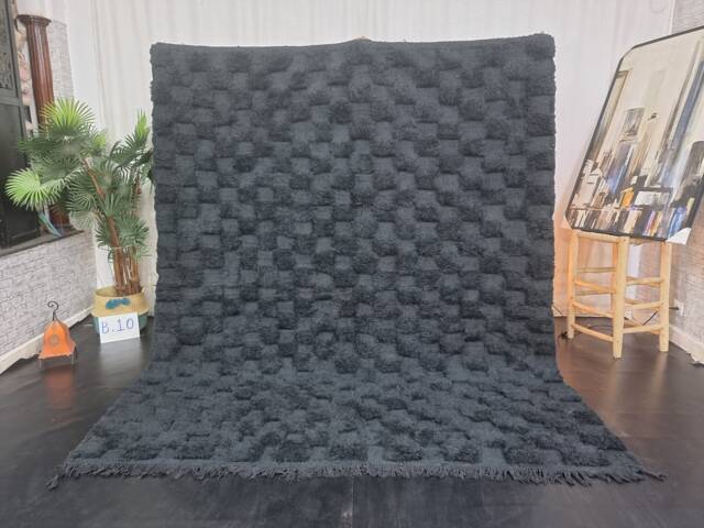 Beni Ourain Rug, Wool Moroccan Rug, Tufted Black Berber Carpet, Check Area Handmade Shag Custom Made Rug - image 1