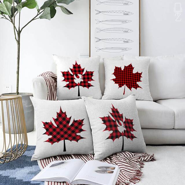 Winter Cushion Covers With Red & Black Tartan in Maple Leaves - Double Sided Printing Pillow Cover On The Soft Suede Different Sizes - image 1