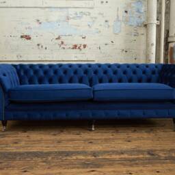 4 Seater Navy Blue Velvet Fabric Chesterfield Sofa, British Handmade - thumbnail 3