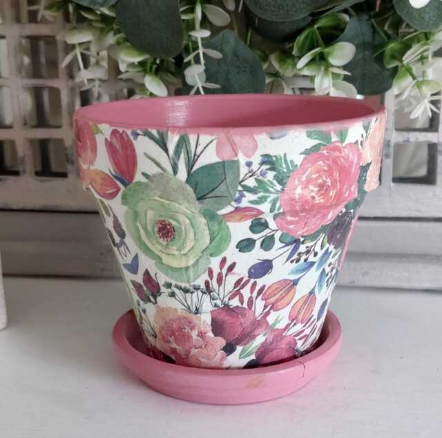 Indoor Plant Pot. Beautiful Pink Pastel Floral Decoupaged Terracotta Available in Three Sizes - image 1
