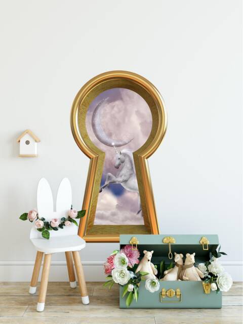3D Keyhole Fabric Wall Decal - Unicorn in Clouds Moon 3D Sticker Wonderland Fantasy Removable - image 1