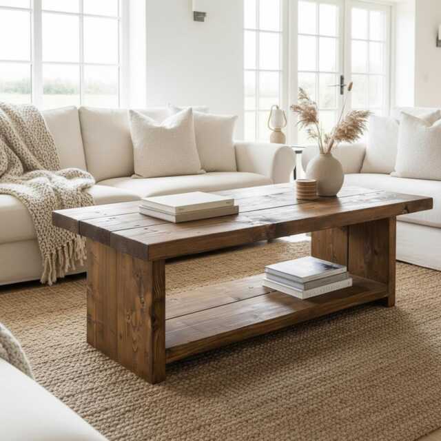 Handmade Rustic Solid Wood Coffee Table With Shelf - image 1