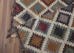 Geometric Kilim Rug Runner Wool Jute Dhurrie, 2x10 Ft - thumbnail 1