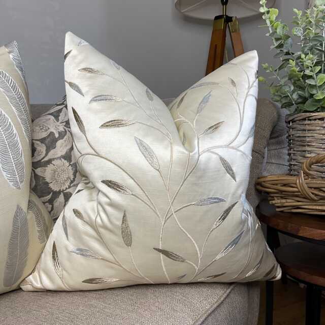 Pietra Pearl Champagne Cushion Cover , Designer Pillow Case - Embroidered Leaf Design Floral Fabric Double-Sided - image 1