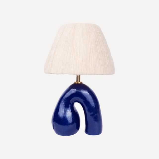 Handmade Ceramic Table Lamp Royal Blue Glossy Finish, Wool Shade - image 1