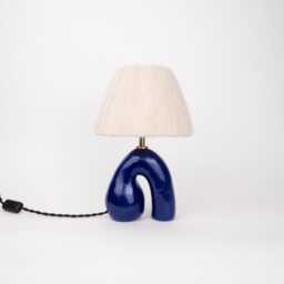 Handmade Ceramic Table Lamp Royal Blue Glossy Finish, Wool Shade - thumbnail 2