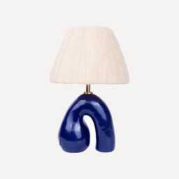 Handmade Ceramic Table Lamp Royal Blue Glossy Finish, Wool Shade - thumbnail 1
