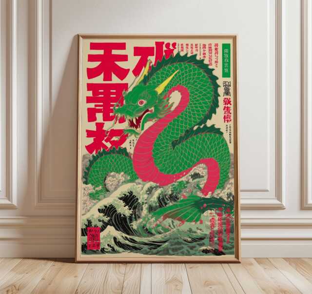 Dragon Poster, Japanese Art Print, Vintage Wave Illustration, Bold Green Red Wall