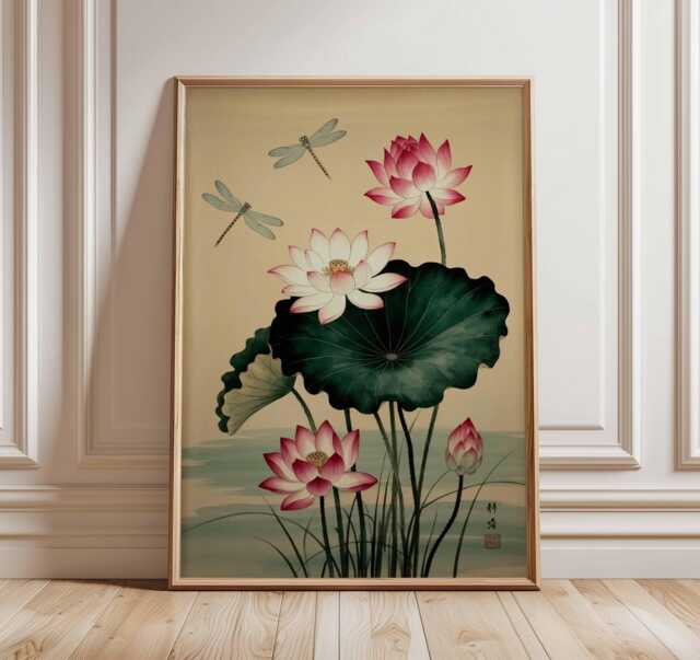 Lotus Flower Wall Art Print Japanese Poster Botanical Zen Artwork Asian Decor Dragonfly Painting Style Floral Home Decoration - image 1