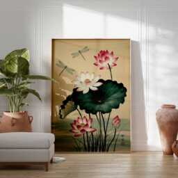 Lotus Flower Wall Art Print Japanese Poster Botanical Zen Artwork Asian Decor Dragonfly Painting Style Floral Home Decoration - thumbnail 3
