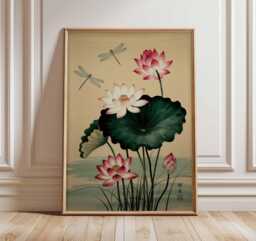 Lotus Flower Wall Art Print Japanese Poster Botanical Zen Artwork Asian Decor Dragonfly Painting Style Floral Home Decoration - thumbnail 1