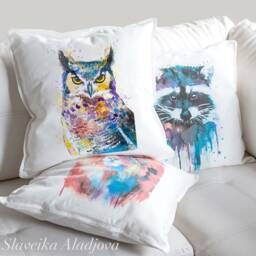 Owl Cushion Cover, Horned Throw Pillow, Decorative Bird Lover Gift Idea, Watercolor Cute Owl Print - thumbnail 2
