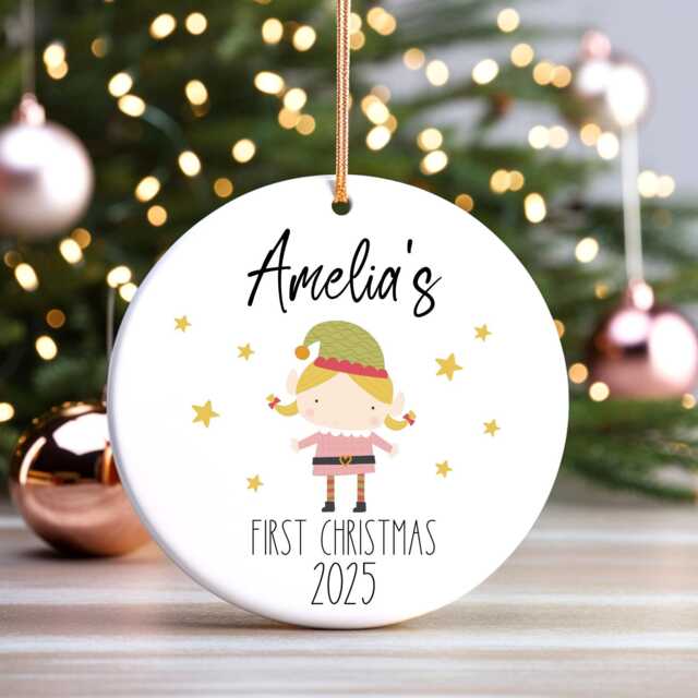 Personalized Baby's First Christmas Pink Elf Ornament Ceramic Bauble Keepsake - image 1
