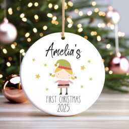 Personalized Baby's First Christmas Pink Elf Ornament Ceramic Bauble Keepsake